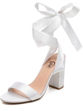 Trary White Satin Tie-Ankle Block Heel Sandals